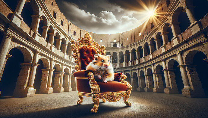 A charming hamster is sitting regally on a luxurious golden throne, positioned centrally in an ancient Roman coliseum. This historic construction is surrounded by ancient stone arches, with dramatic lighting adding to the atmosphere of the scene. The whole setting is dynamic and comprehensive including realistic textures, hence generating a joyful atmosphere. This image is to be delivered in a blended style of photorealism and digital painting, similar to showcases seen on platforms dedicated to digital art.