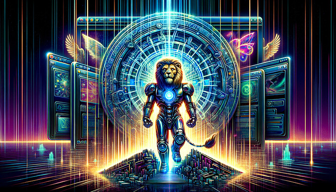 Design a stunning cover art embodying the concept of obsolete websites. Picture a gleaming digital forum of the future, filled with pulsating neon technology and floating holographic interfaces. In the backdrop, create an image of an old, antique, and malfunctioning website. At the heart of it all, place a victorious mascot embodying pride and confidence, perhaps a trim robotic lion, standing with triumph. Capture the vivacity and detail commonly found in hip-hop album covers but avoid any styled resemblances to works created after 1912. The overall aesthetic should be futuristic and bold, delivering a strong statement of progress and evolution.